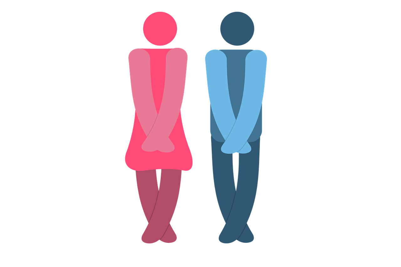 Symbols of man and woman in pose possibly caused by a UTI.