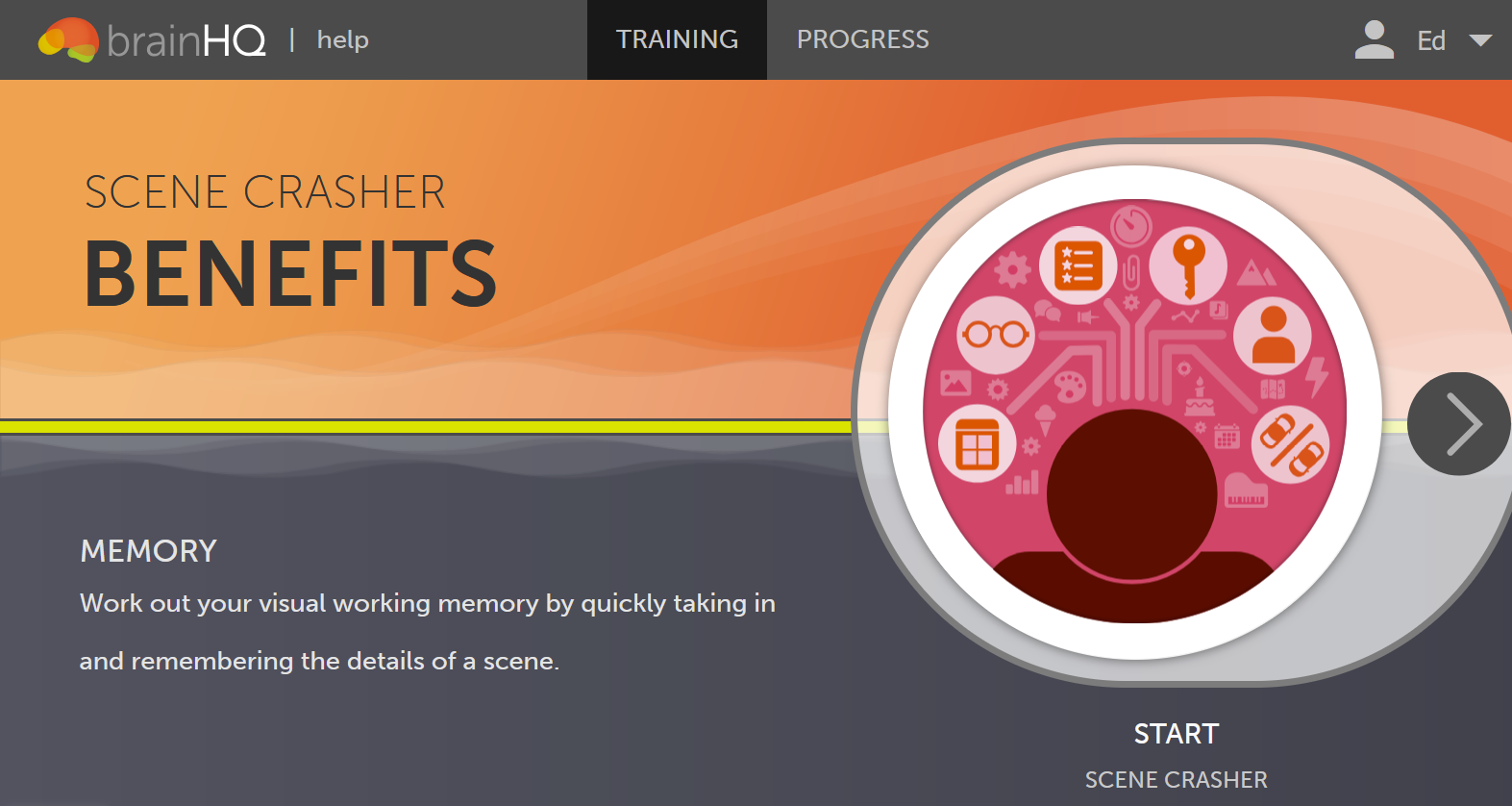 Start window for a BrainHQ memory exercise.